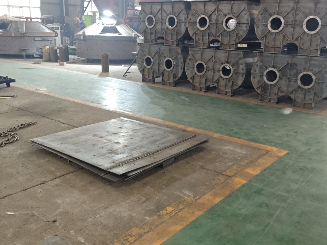 Fabricated concrete batching plant components in the production workshop